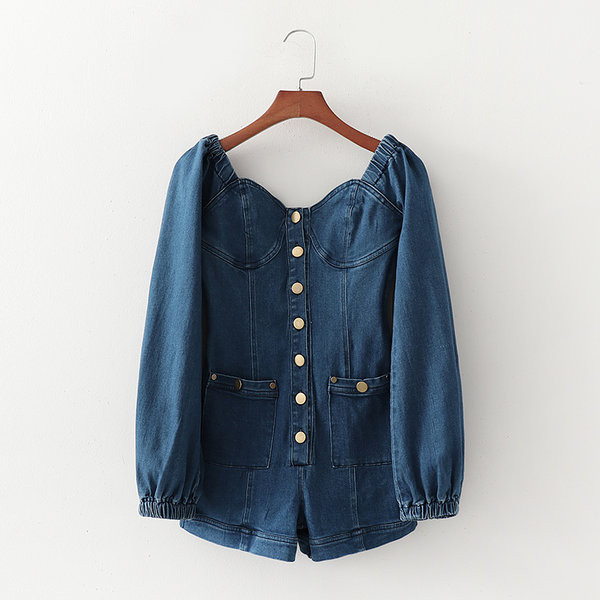 Salopetă modernă din denim, cu nasturi și mâneci lungi
