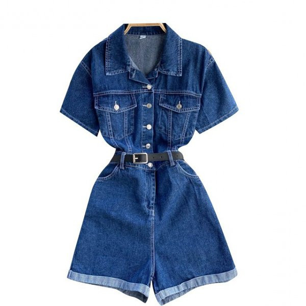 Mėlynos spalvos moteriškas džinsinis kombinezonas su apykakle ir kišenėmis