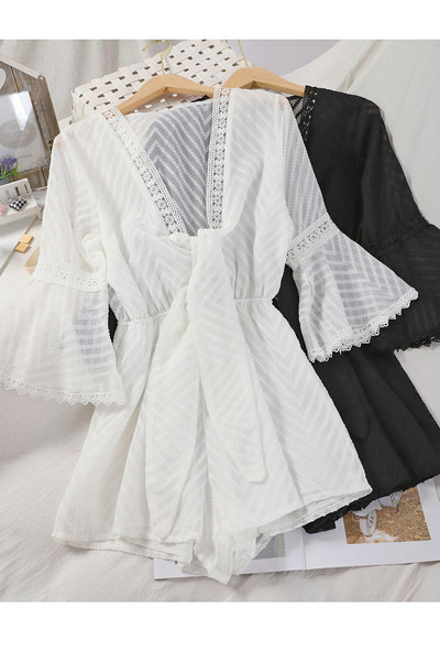 Salopeta de dama cu maneci scurte si cravate