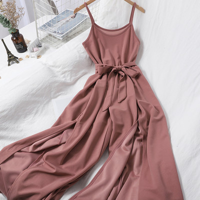 Salopeta lunga de dama cu bretele subtiri si cravate