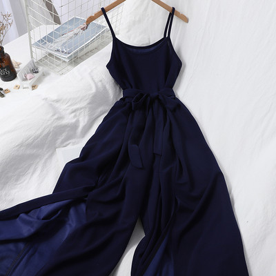 Salopeta lunga de dama cu bretele subtiri si cravate