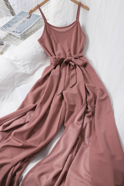 Salopeta lunga de dama cu bretele subtiri si cravate