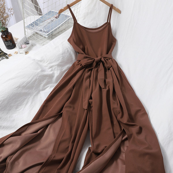 Salopeta lunga de dama cu bretele subtiri si cravate