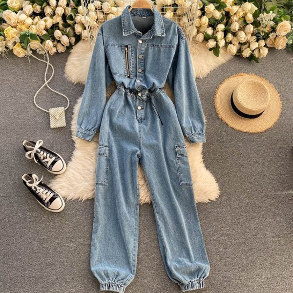 Salopeta de dama moderna din denim cu guler clasic si talie elastica