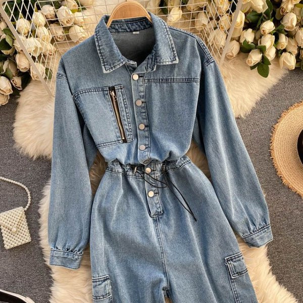 Salopeta de dama moderna din denim cu guler clasic si talie elastica