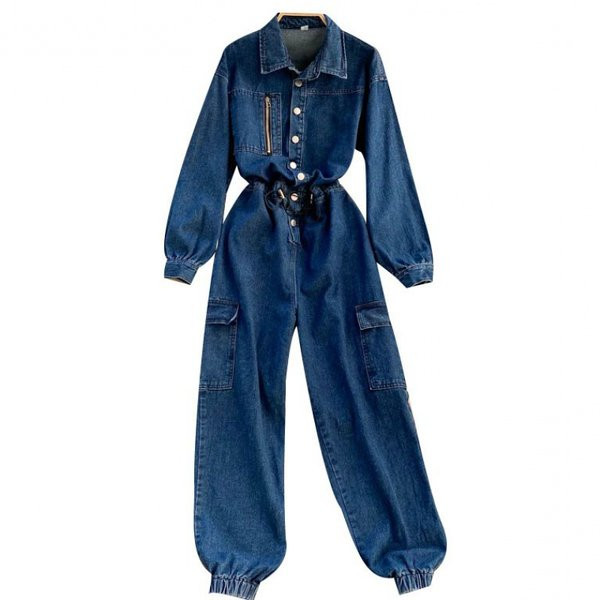 Salopeta de dama moderna din denim cu guler clasic si talie elastica