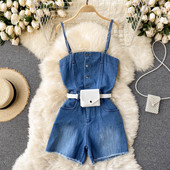 Ženski traper kombinezon s remenom i tankim naramenicama