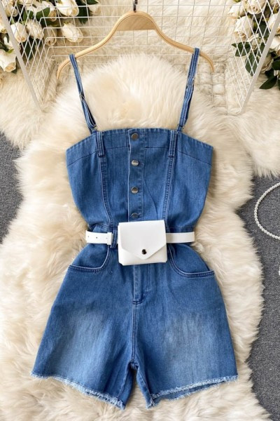 Ženski traper kombinezon s remenom i tankim naramenicama