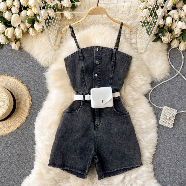 Ženski traper kombinezon s remenom i tankim naramenicama