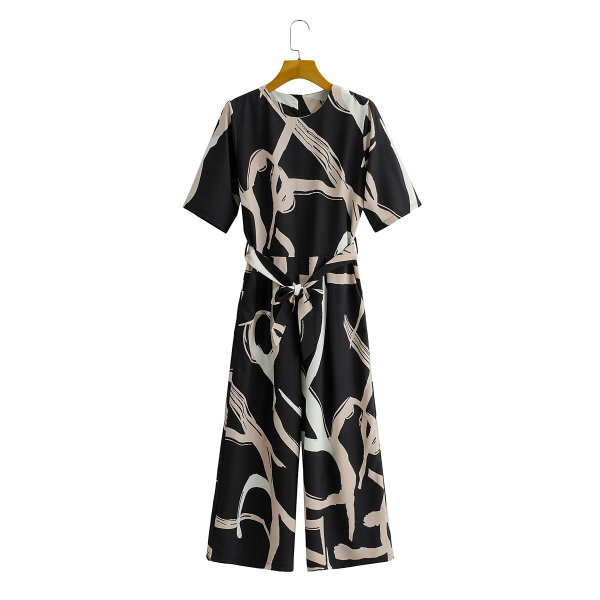 Salopetă lungă casual în negru și curea în talie