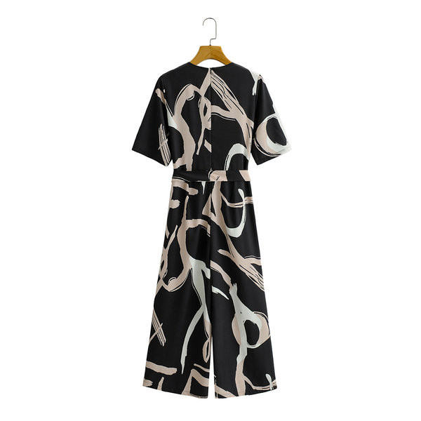 Salopetă lungă casual în negru și curea în talie