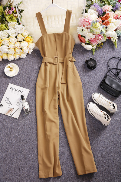 Salopeta lunga de dama cu centura in talie si bretele