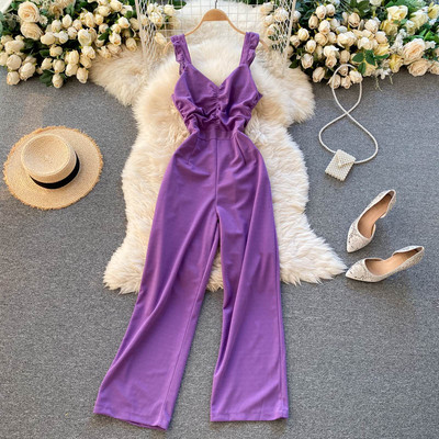 Salopetă de damă modernă cu decolteu în V și parte adunată