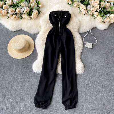 Salopeta casual din denim cu talie elastica in albastru pentru femei