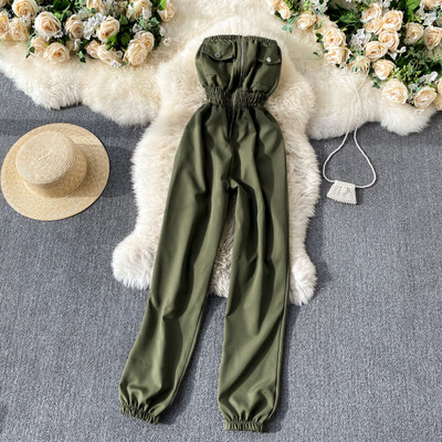 Salopeta casual din denim cu talie elastica in albastru pentru femei