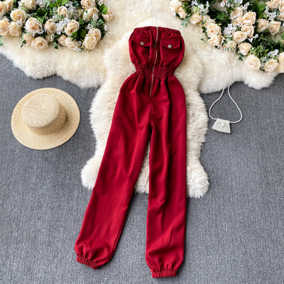 Salopeta casual din denim cu talie elastica in albastru pentru femei