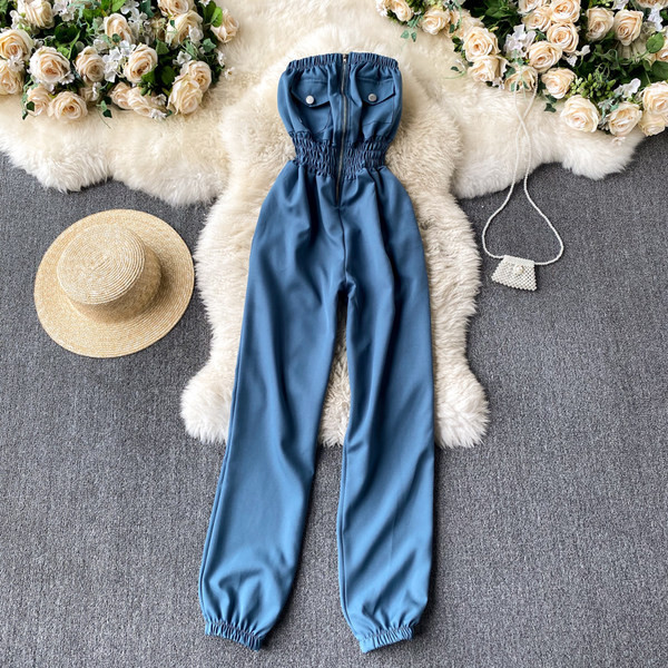 Salopeta casual din denim cu talie elastica in albastru pentru femei