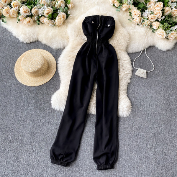 Salopeta casual din denim cu talie elastica in albastru pentru femei