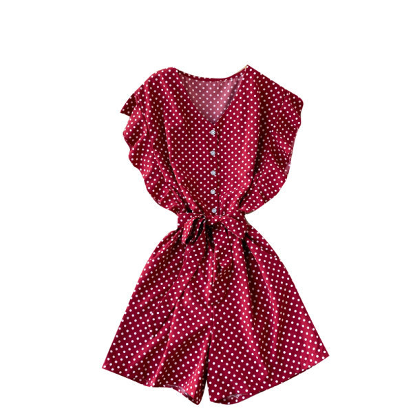 Salopetă de damă cu buline cu curea și decolteu spitz