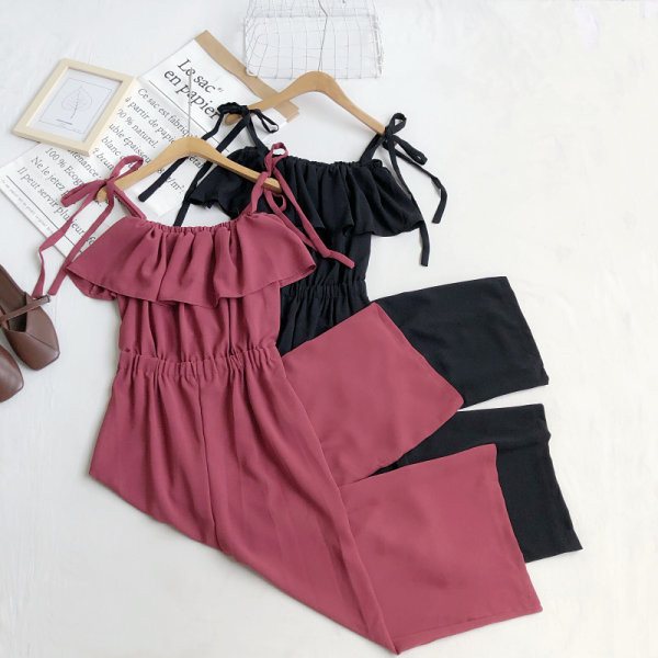 Salopeta de dama cu talie elastica si cravate in mai multe culori