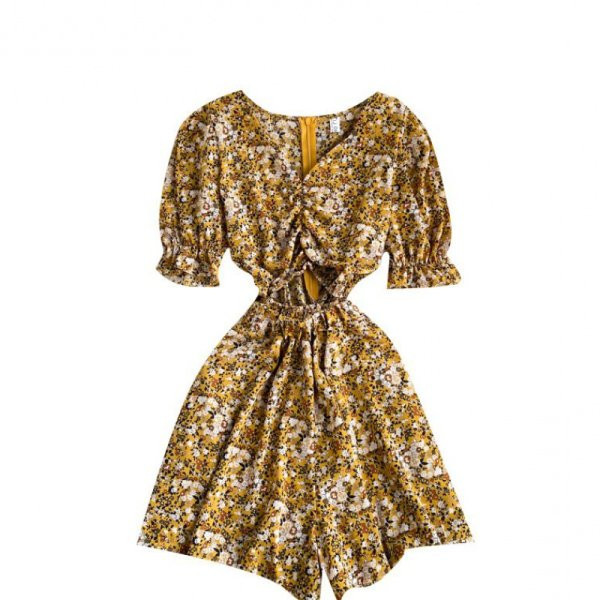 Salopetă casual de damă cu model floral și decolteu spitz