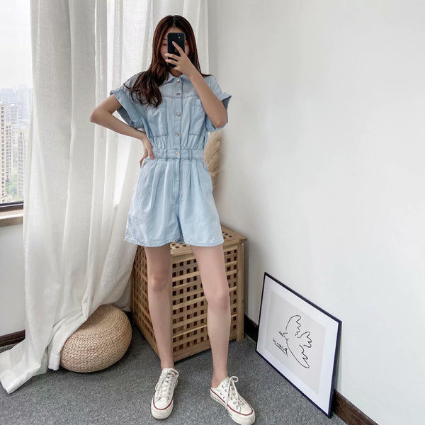 Salopeta scurta de vara din denim cu talie elastica