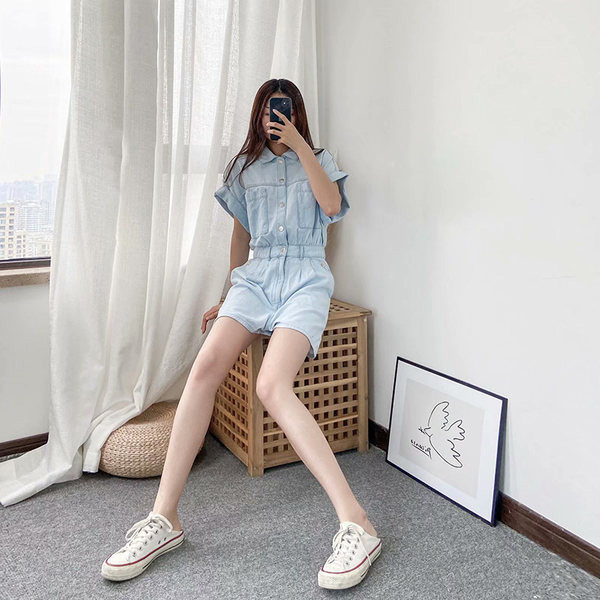 Salopeta scurta de vara din denim cu talie elastica