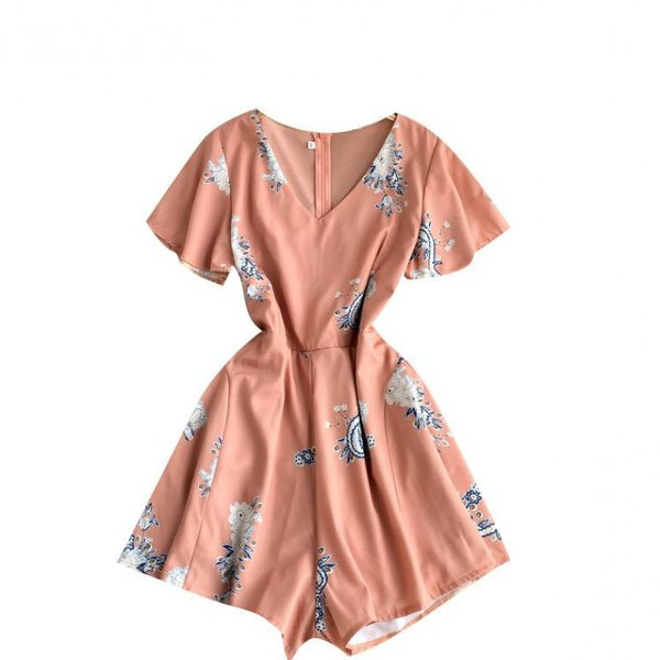 Ženski moderni kombinezon - sa špic izrezom i kratkim rukavima