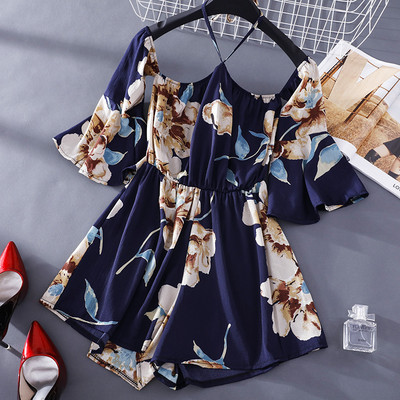 Γυναικεία κοντή ολόσωμη φόρμα με λουλουδάτο μοτίβο και μανίκια λωτού