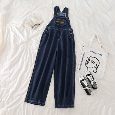 Salopeta de dama din denim cu buzunar si broderie