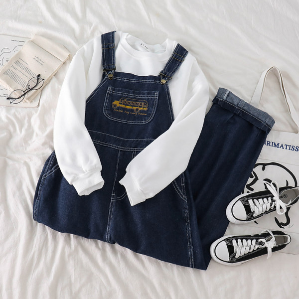 Salopeta de dama din denim cu buzunar si broderie