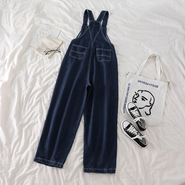 Salopeta de dama din denim cu buzunar si broderie