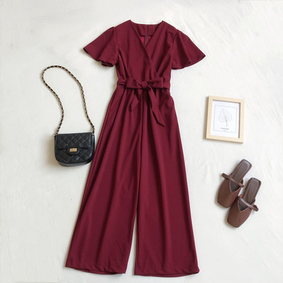 Γυναικεία μονόχρωμη ολόσωμη φόρμα με κορδέλα και κοντά μανίκια