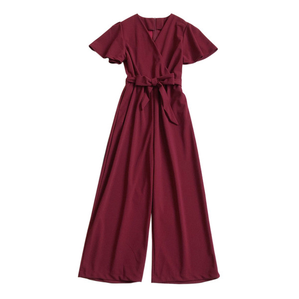 Γυναικεία μονόχρωμη ολόσωμη φόρμα με κορδέλα και κοντά μανίκια