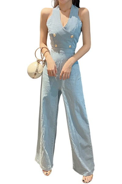 Salopetă de damă modernă din denim, cu decolteu spitz și umerii goi