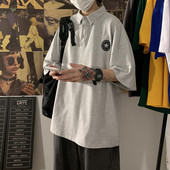 Bluză bărbătească model larg cu mâneci scurte și broderie