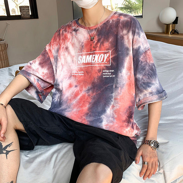 Tricou larg pentru bărbați, gri și roșu