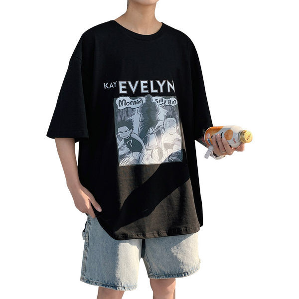 Tricou larg pentru bărbați modern cu aplicație și mâneci scurte