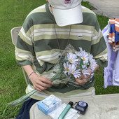 Tricou bărbătesc în dungi - model larg cu mâneci 3/4