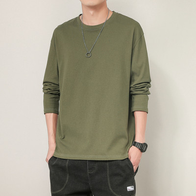 Bluză pentru bărbați de culoare uni, cu decolteu rotund și mâneci lungi