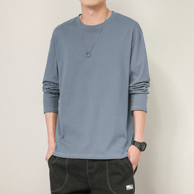 Bluză pentru bărbați de culoare uni, cu decolteu rotund și mâneci lungi