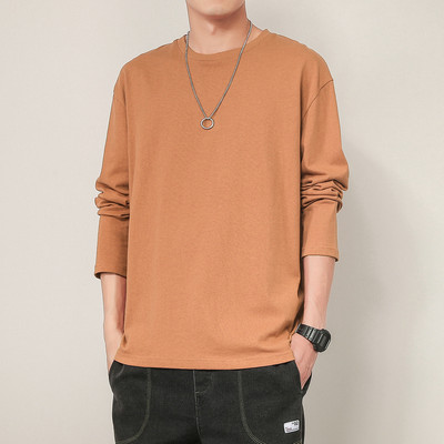 Bluză pentru bărbați de culoare uni, cu decolteu rotund și mâneci lungi