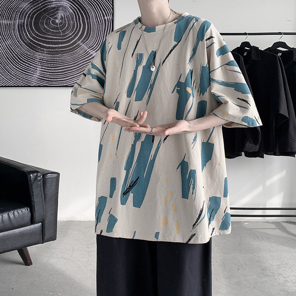 Tricou larg pentru bărbați cu mâneci scurte și decolteu oval