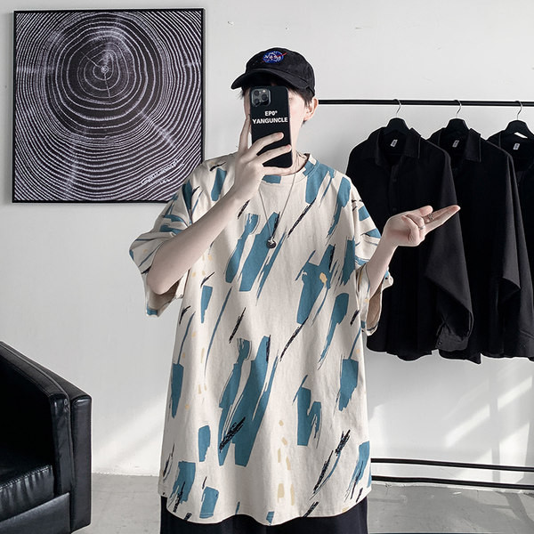 Tricou larg pentru bărbați cu mâneci scurte și decolteu oval