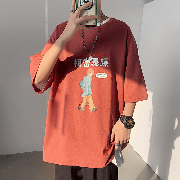 Tricou casual barbatesc cu imprimeu color si maneci scurte - model larg