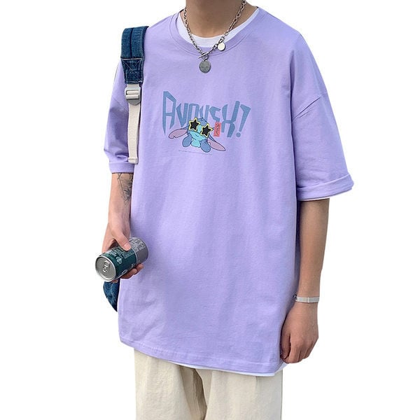 Tricou larg pentru bărbați cu inscripție colorată și mâneci scurte