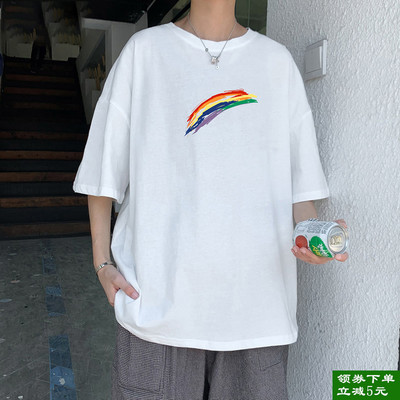 Tricou larg pentru bărbați cu aplicație curcubeu