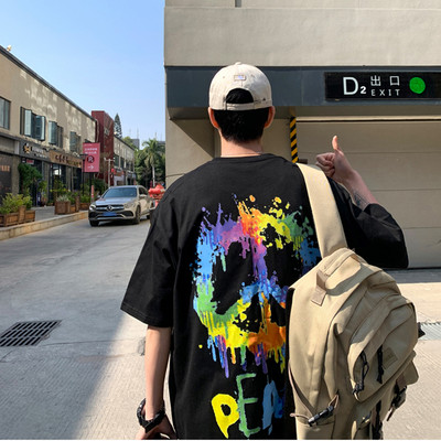 Ανδρικό φαρδύά μπλουζάκι με χρωματιστό απλικέ και 3/4 μανίκια