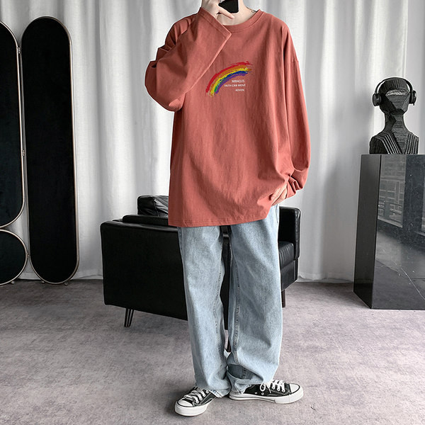 Bluză lungă pentru bărbați cu decolteu rotund și aplicație colorată