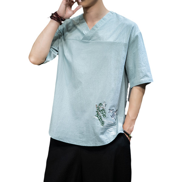 Bluză bărbătească cu mâneci scurte și decolteu spitz